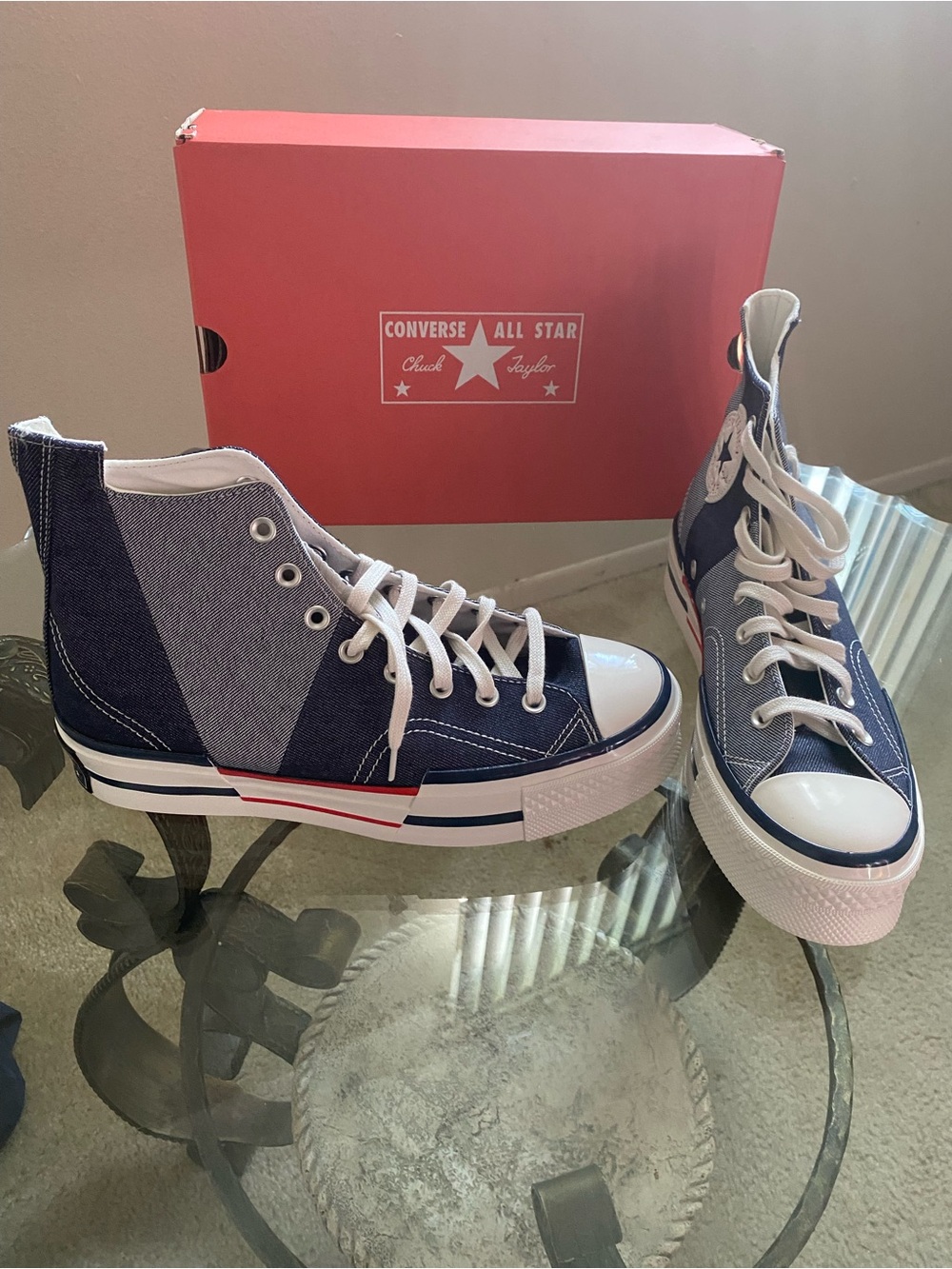 Converse Womens High Top Sneakers - Navy & White with Red Accent